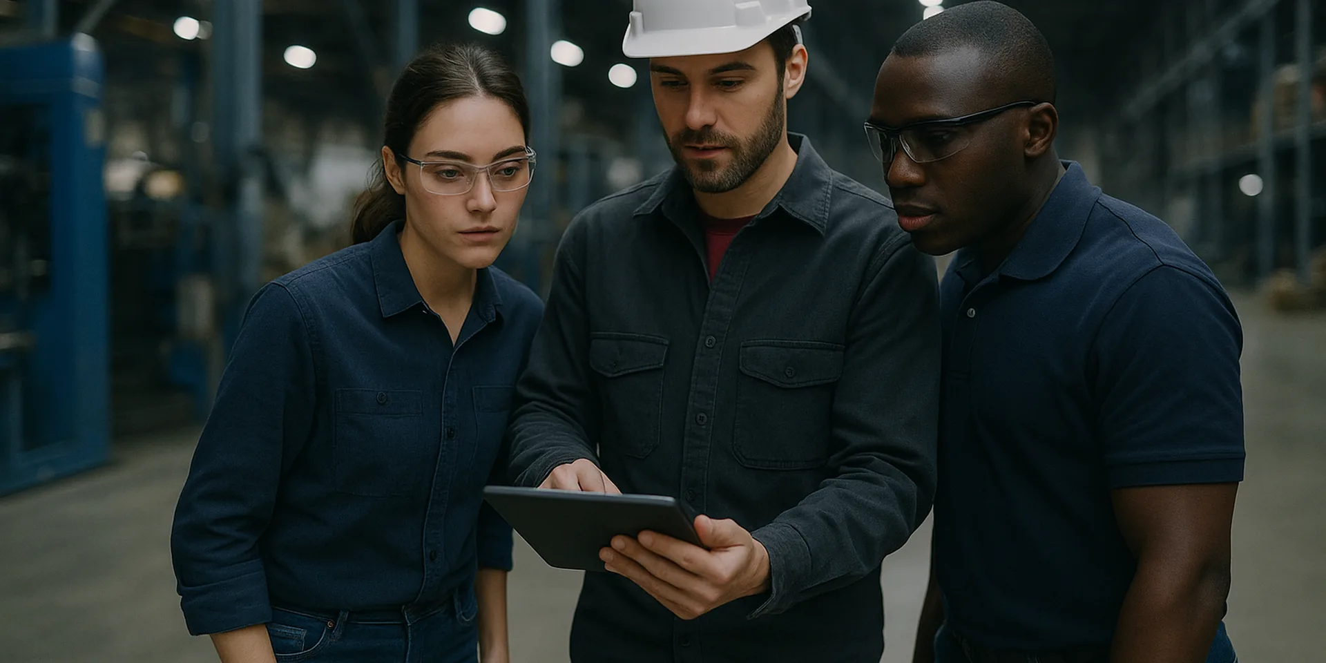 Three factory workers on a production floor reviewing a work instruction on a tablet
