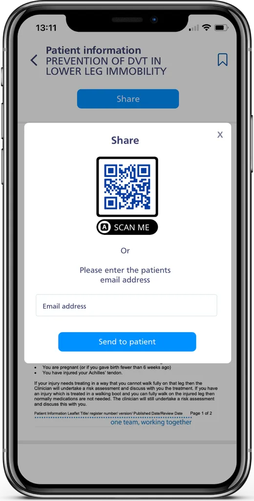 Sharing a patient information leaflet from MyStaff by QR code or to the patient's email